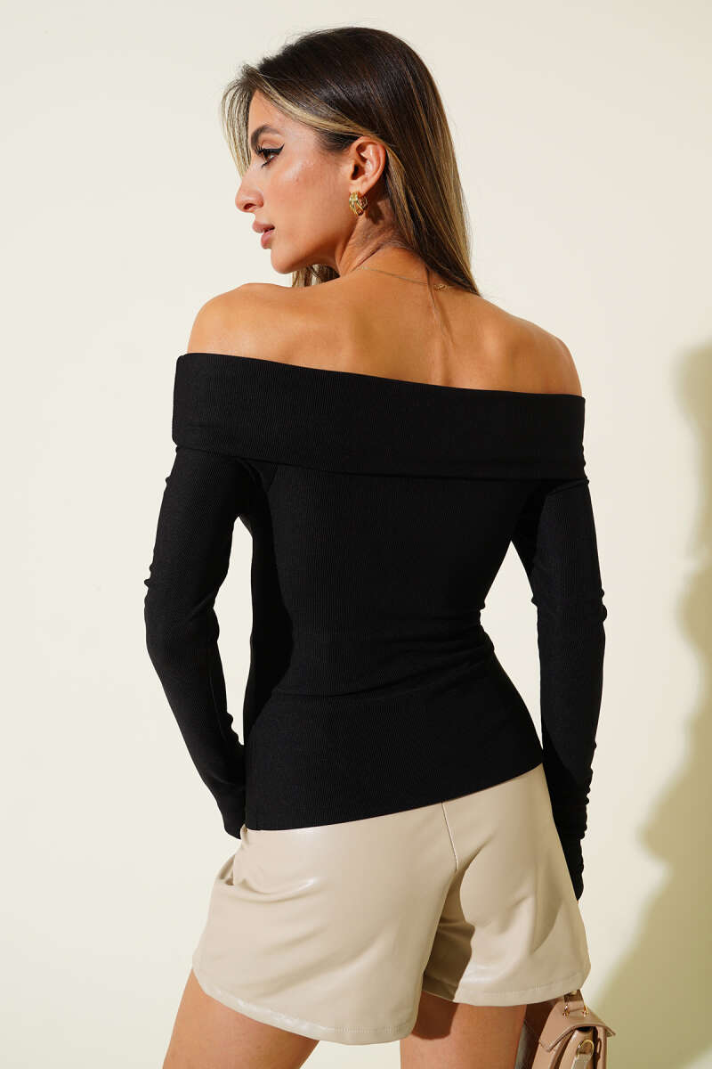 Madonna-Neck Button Blouse - Black