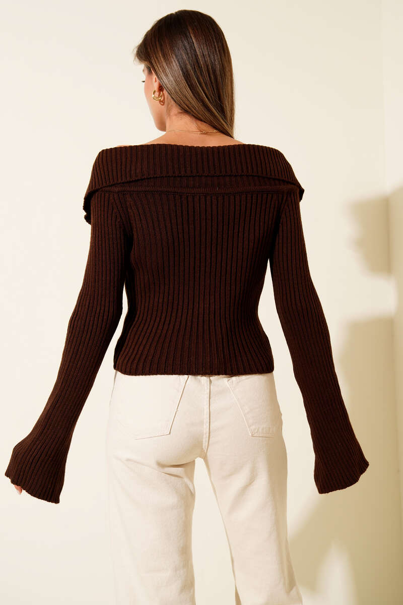 Madonna-Neck Zip Cardigan - Brown