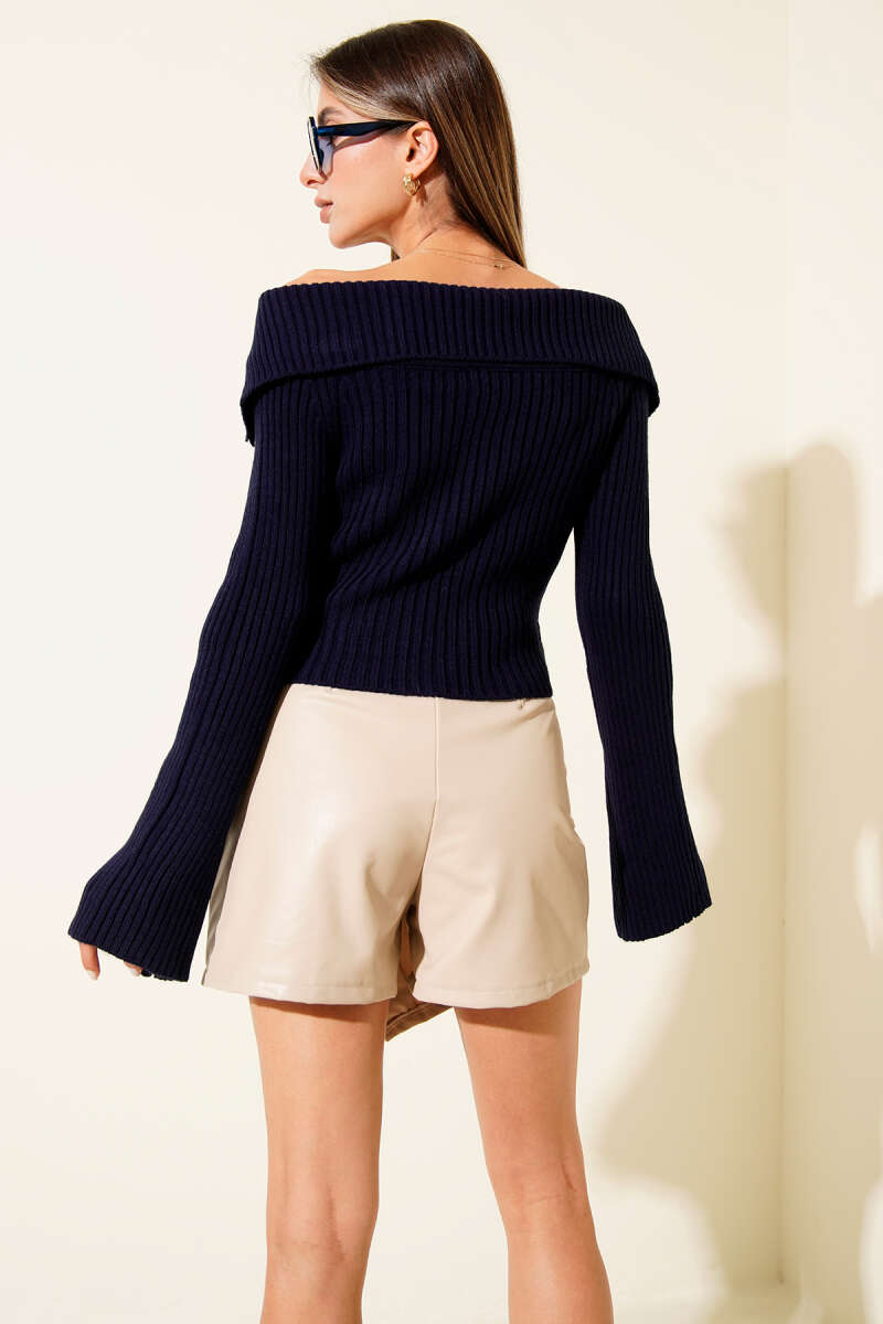 Madonna-Neck Zip Cardigan - Navy