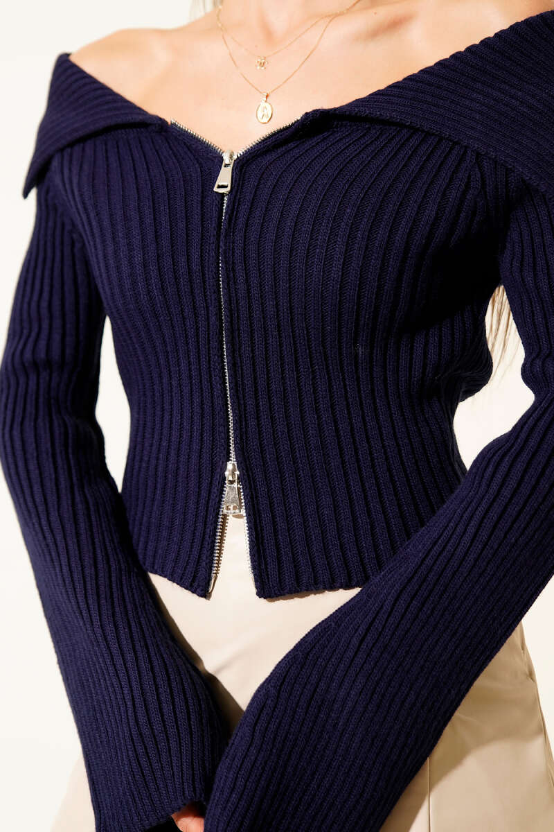 Madonna-Neck Zip Cardigan - Navy