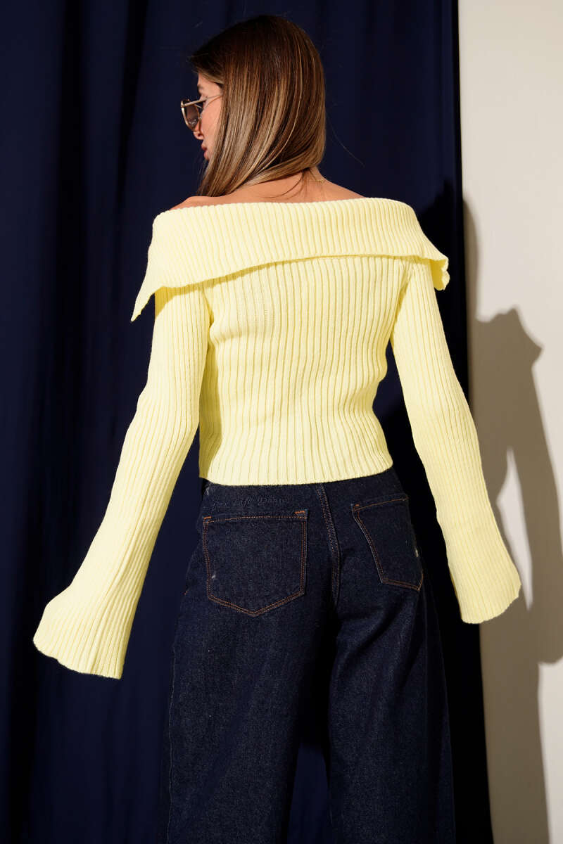 Madonna-Neck Zip Cardigan - Yellow