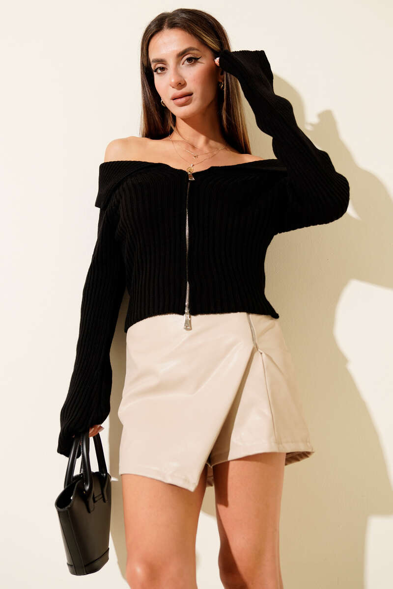 Madonna-Neck Zip Cardigan - Black
