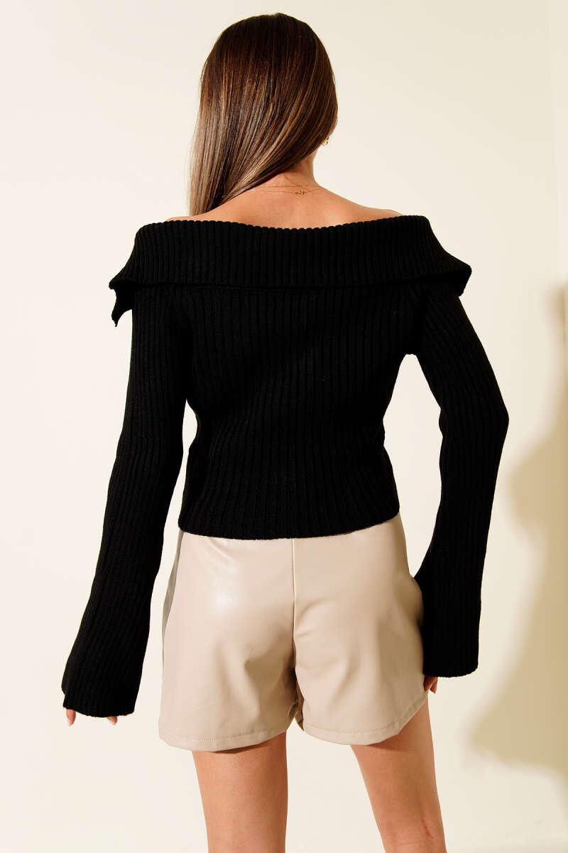 Madonna-Neck Zip Cardigan - Black