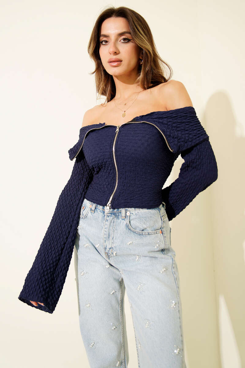 Madonna-Neck Waffle Blouse - Navy