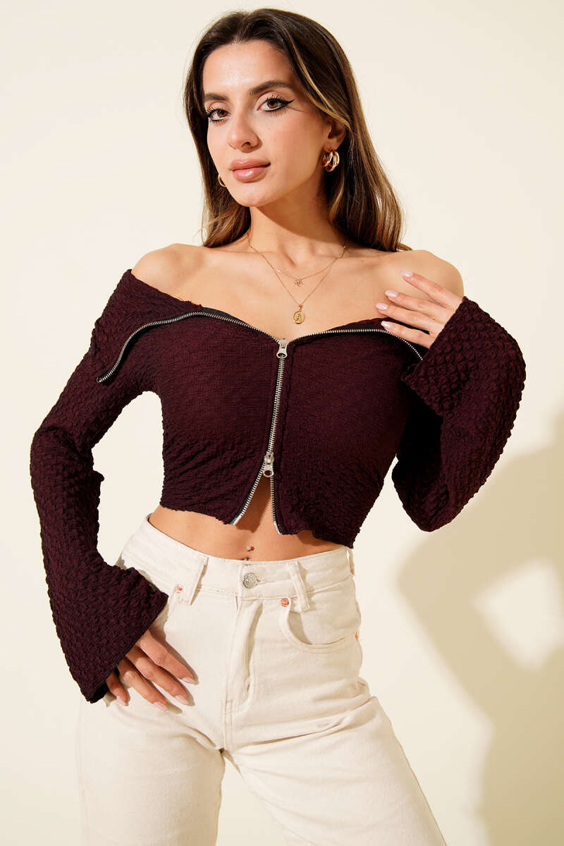 Madonna-Neck Waffle Blouse - Plum