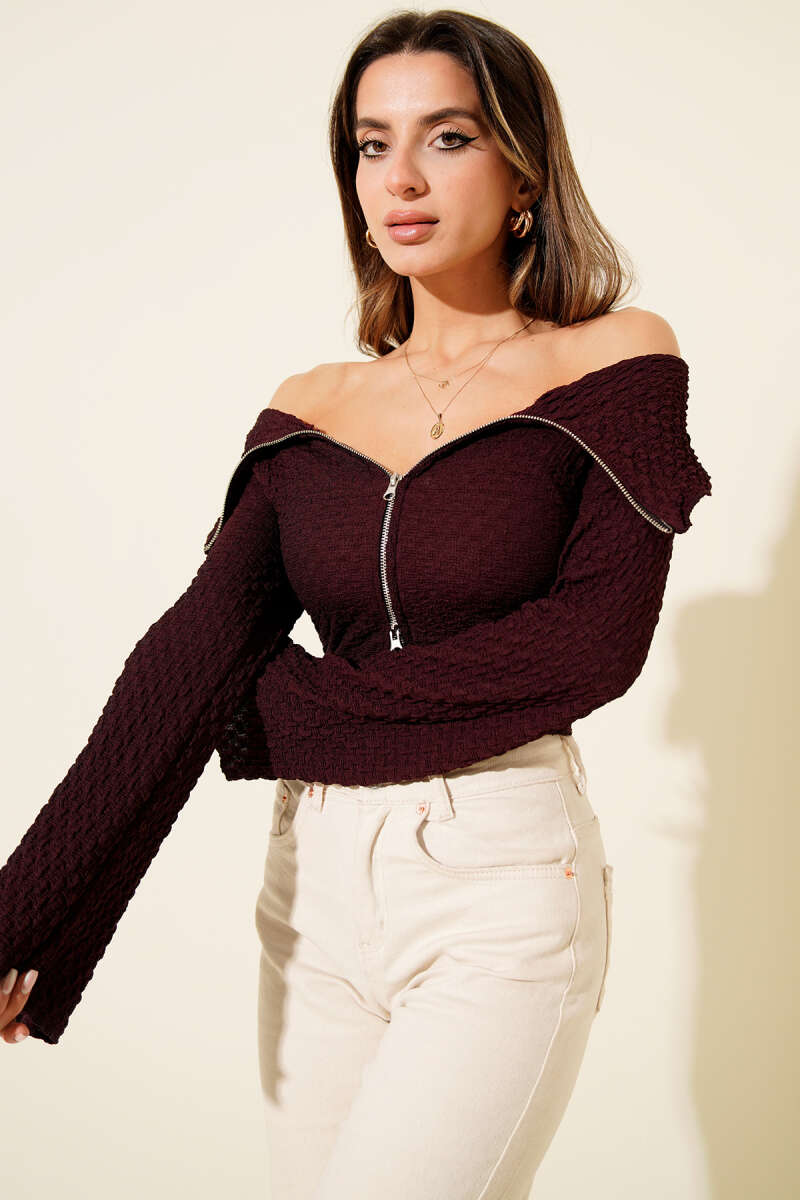 Madonna-Neck Waffle Blouse - Plum