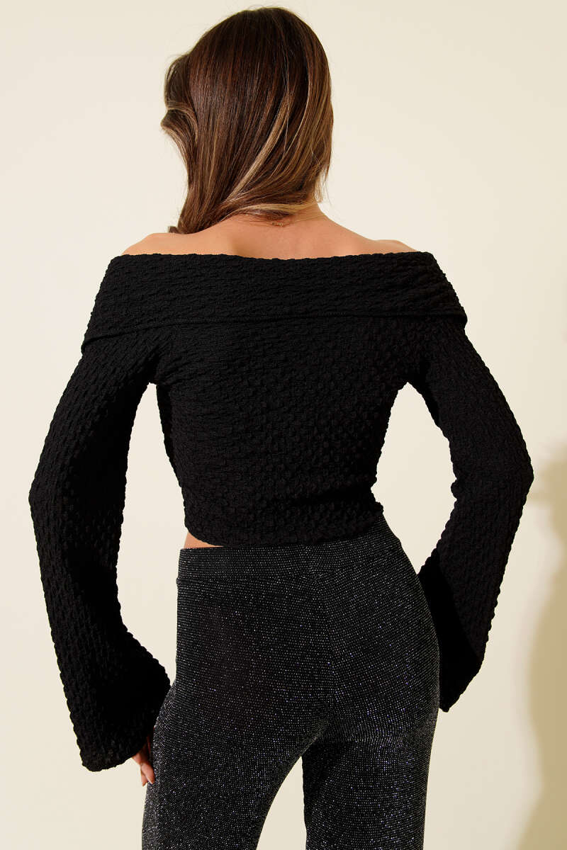 Madonna-Neck Waffle Blouse - Black