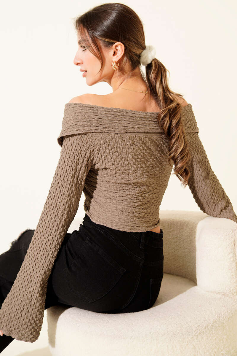 Madonna-Neck Waffle Blouse - Mink