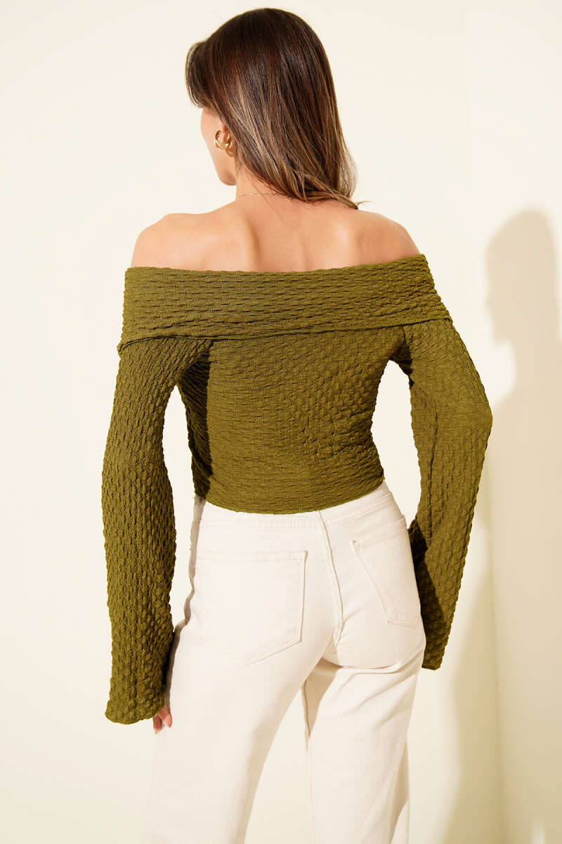 Madonna-Neck Waffle Blouse - Olive