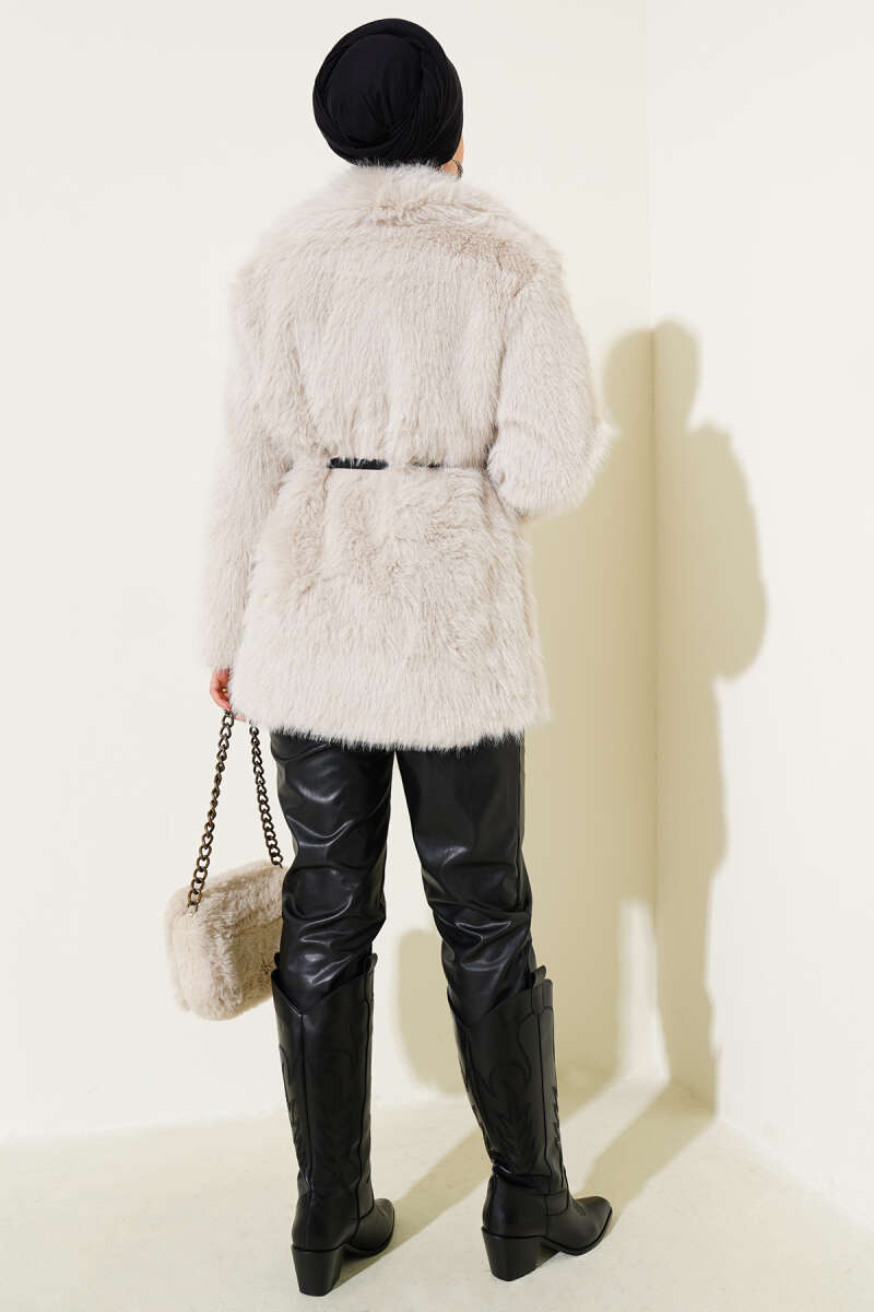 Belted Madonna-Neck Faux Fur Coat - Beige