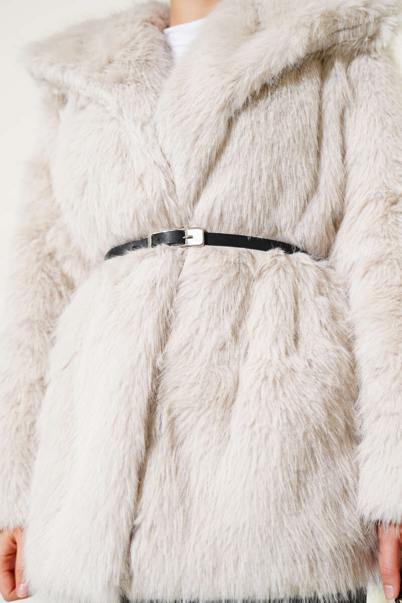 Belted Madonna-Neck Faux Fur Coat - Beige