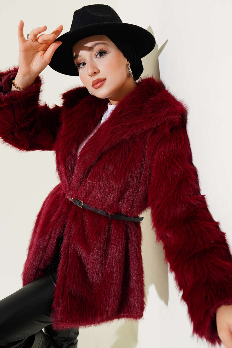 Belted Madonna-Neck Faux Fur Coat - Burgundy