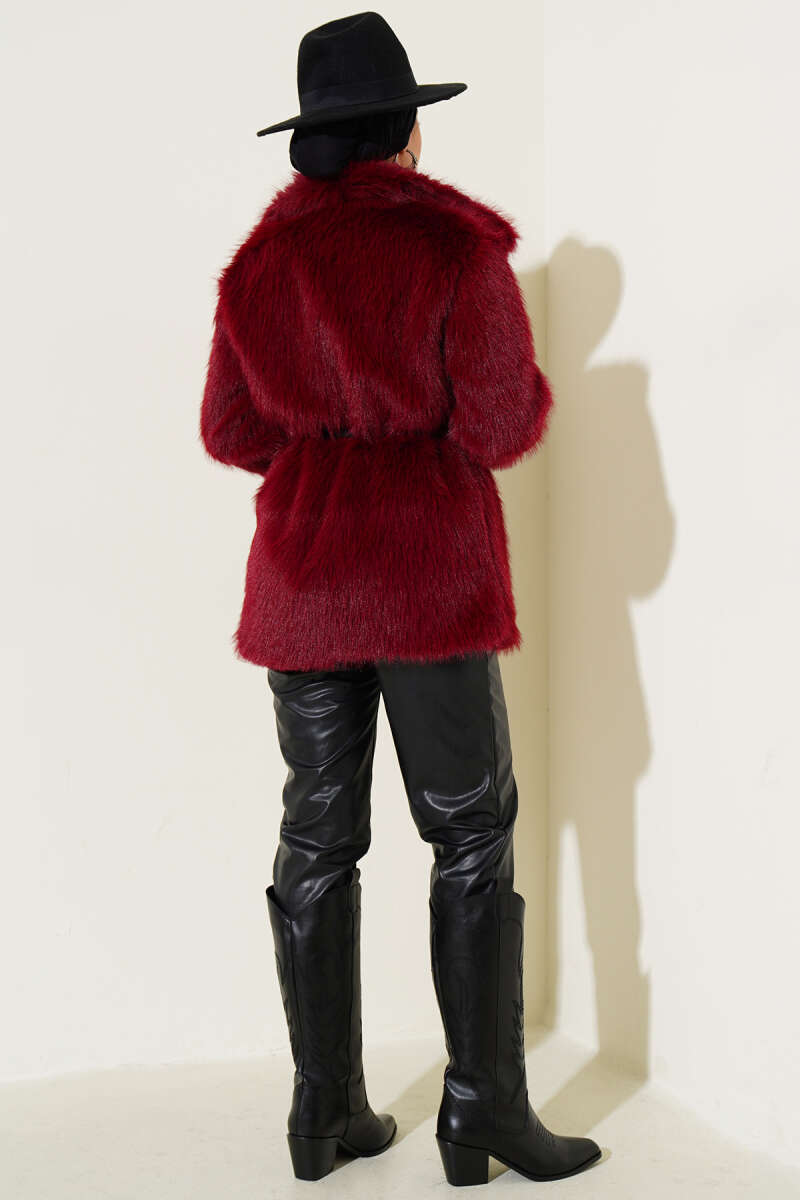 Belted Madonna-Neck Faux Fur Coat - Burgundy