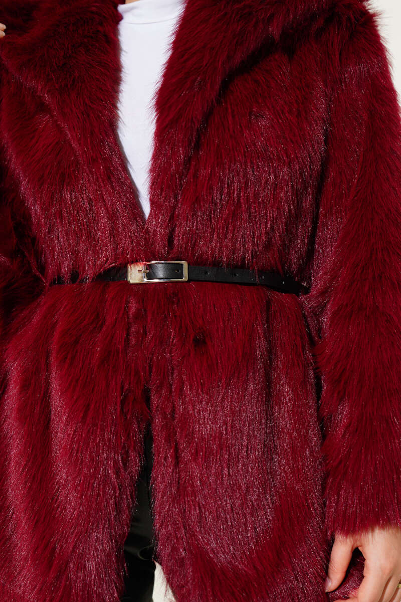 Belted Madonna-Neck Faux Fur Coat - Burgundy