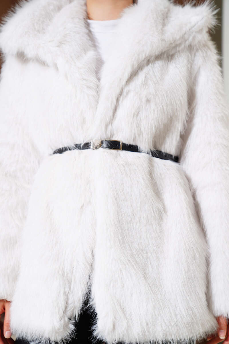 Belted Madonna-Neck Faux Fur Coat - Stone