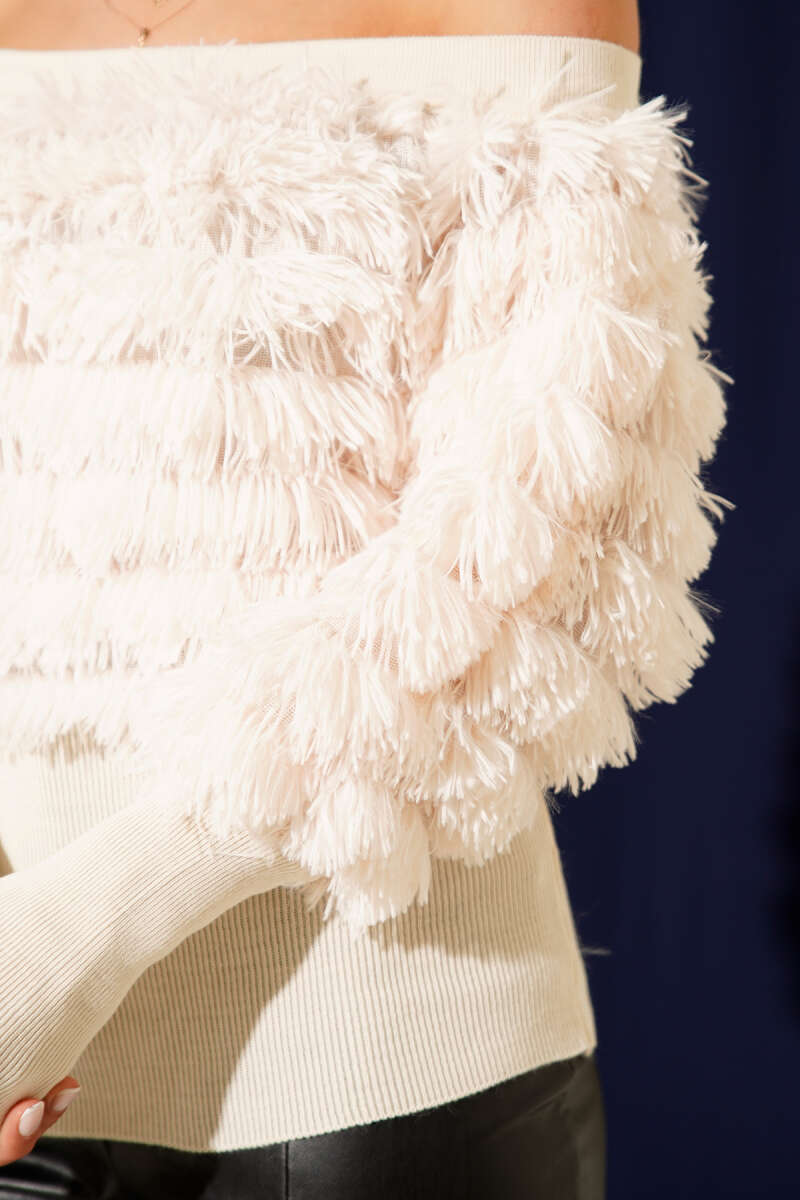 Fluffy Madonna-Neck Blouse - Beige