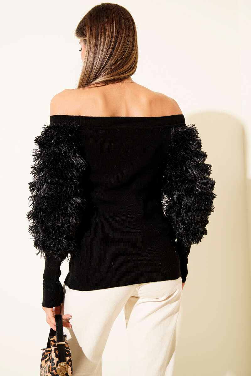 Fluffy Madonna-Neck Blouse - Black
