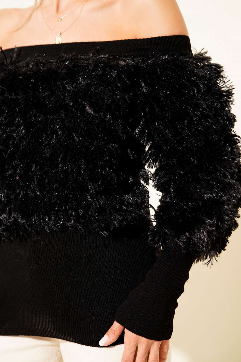 Fluffy Madonna-Neck Blouse - Black