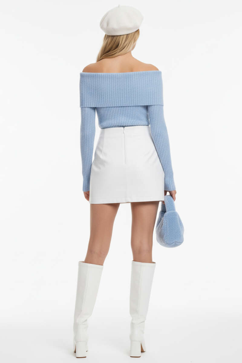 Madonna-Neck Knit Sweater - Light Blue