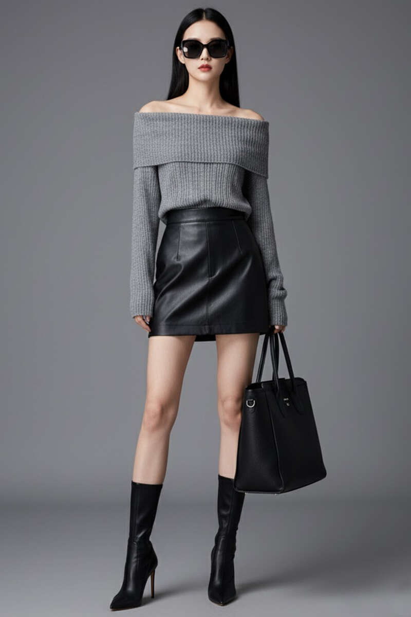 Madonna-Neck Knit Sweater - Grey