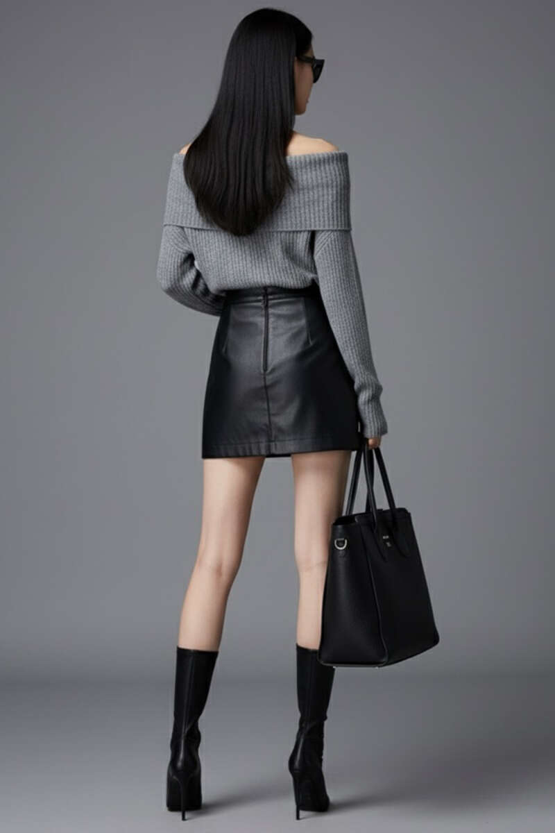 Madonna-Neck Knit Sweater - Grey