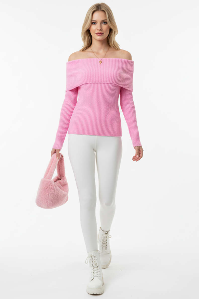 Madonna-Neck Knit Sweater - Pink