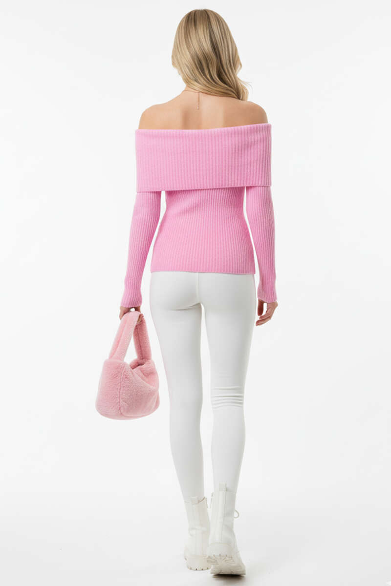 Madonna-Neck Knit Sweater - Pink