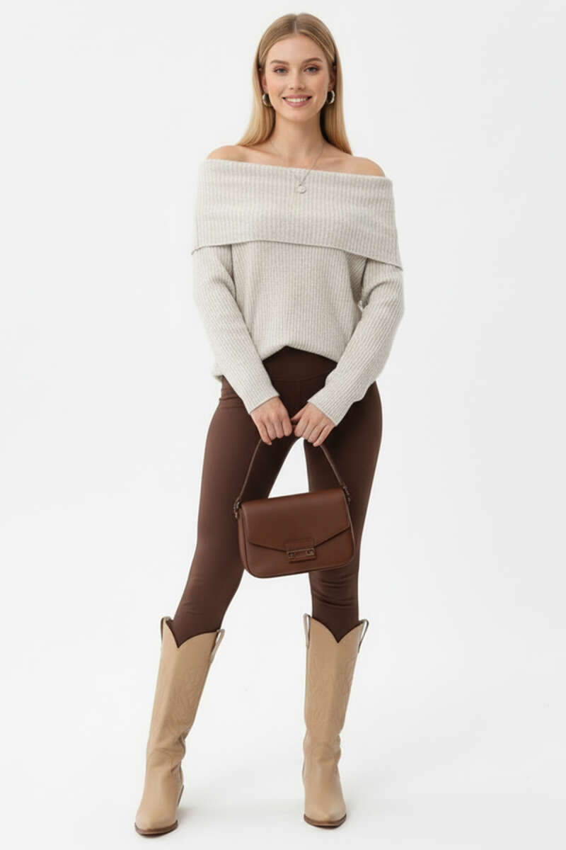 Madonna-Neck Knit Sweater - Stone