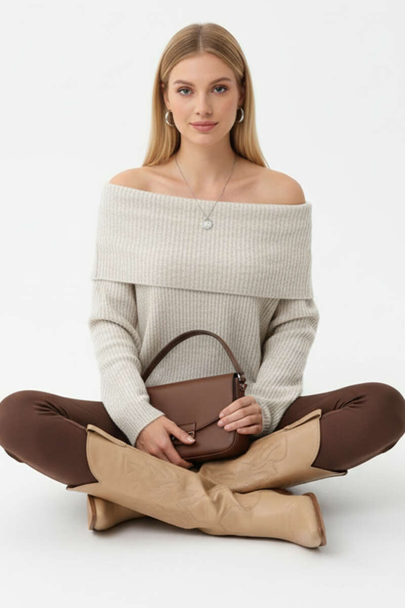 Madonna-Neck Knit Sweater - Stone