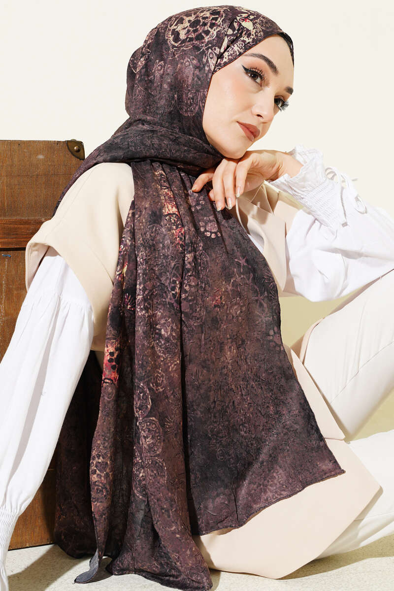 Mandala Print Bamboo Crinkle Shawl - Milk Coffee