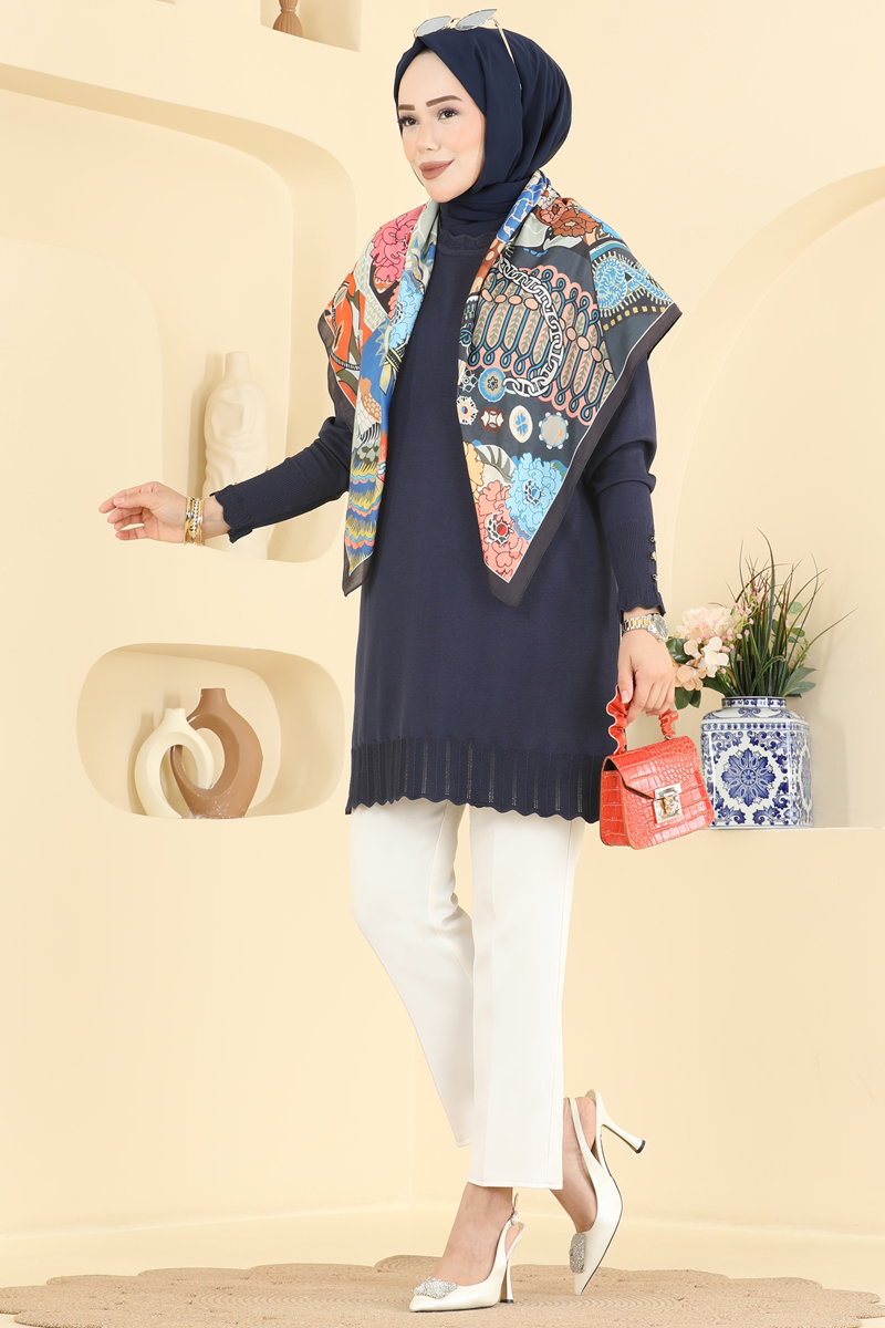 Mercerised Tunic with Cuff Detail - Navy