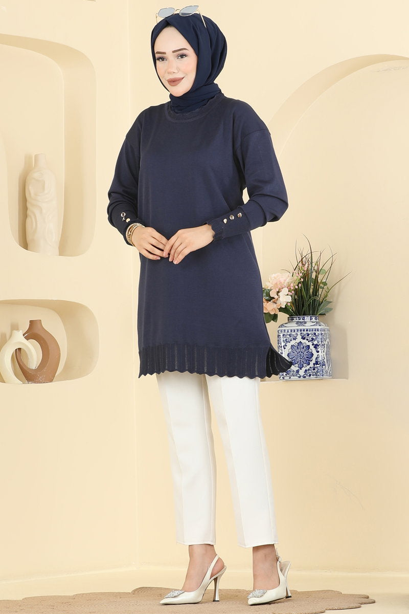 Mercerised Tunic with Cuff Detail - Navy