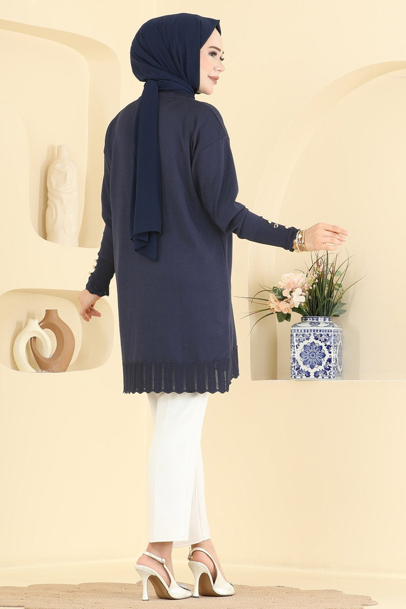 Mercerised Tunic with Cuff Detail - Navy