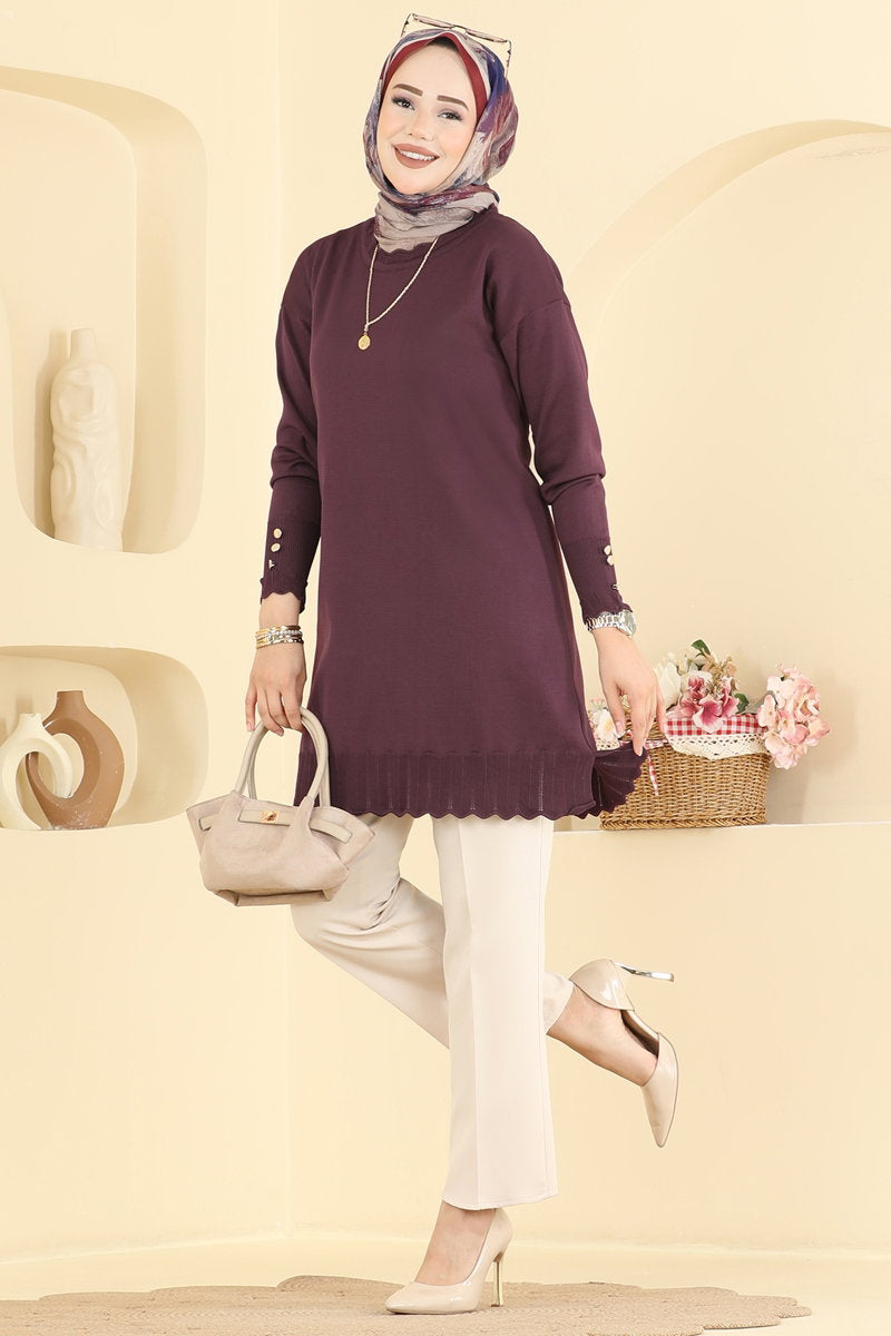 Mercerised Tunic with Cuff Detail - Plum