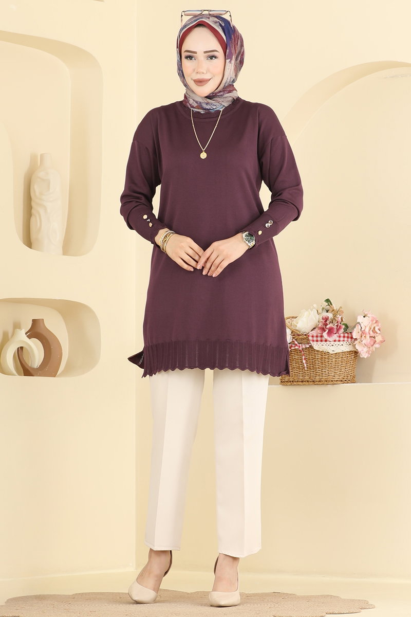 Mercerised Tunic with Cuff Detail - Plum