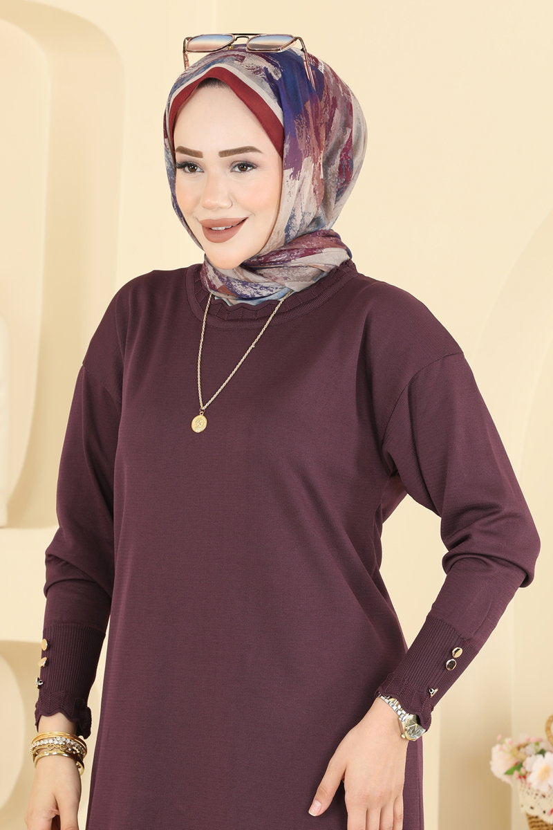 Mercerised Tunic with Cuff Detail - Plum