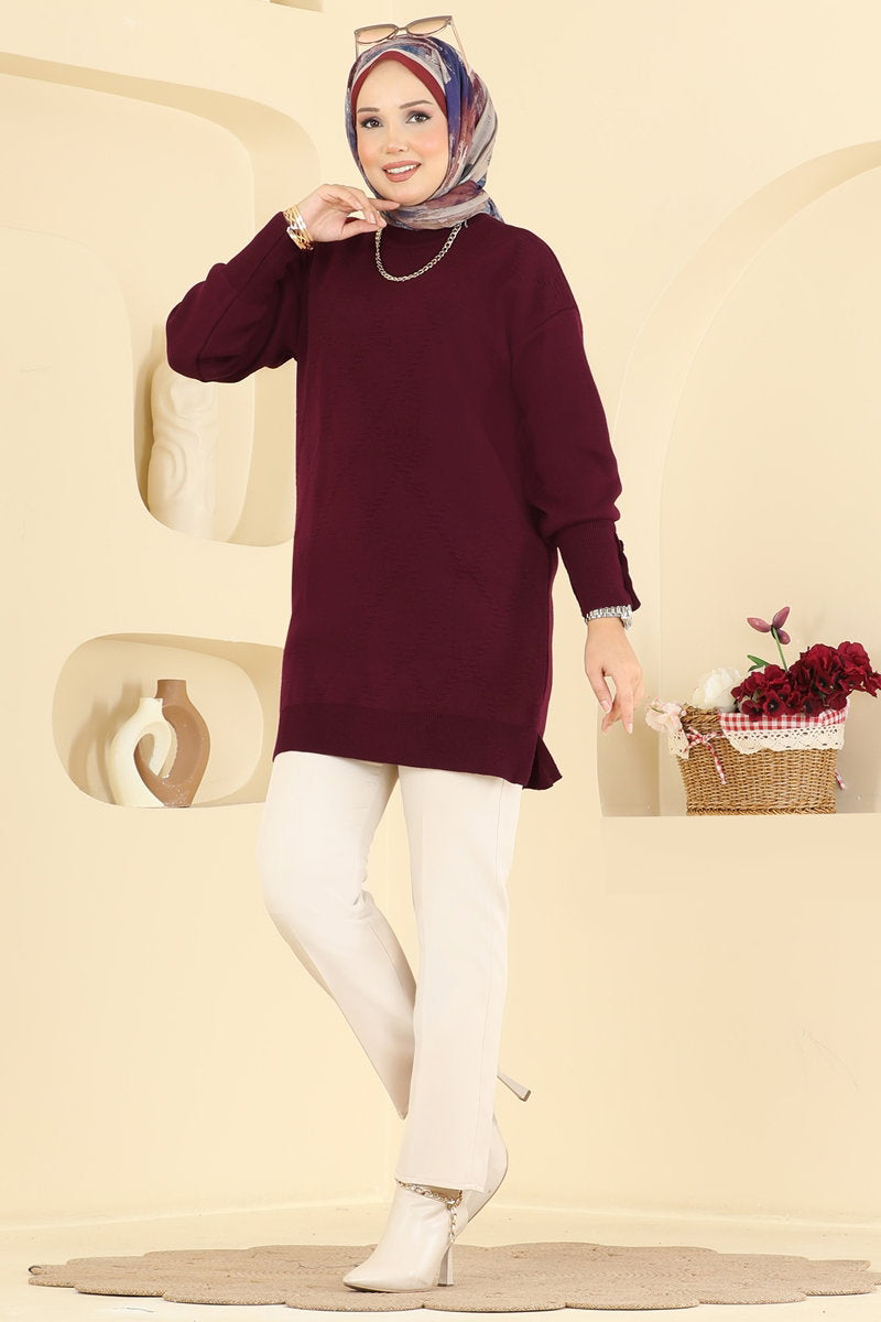 Knit Tunic with Button Cuffs - Burgundy