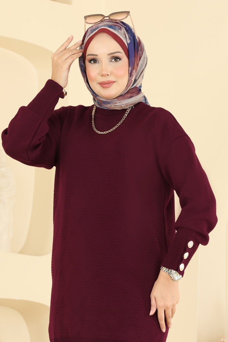 Knit Tunic with Button Cuffs - Burgundy
