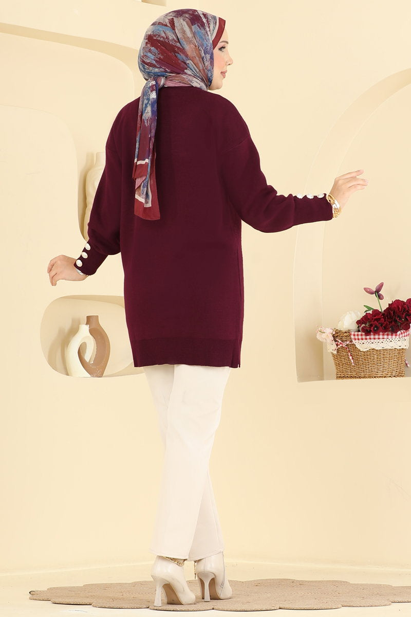 Knit Tunic with Button Cuffs - Burgundy