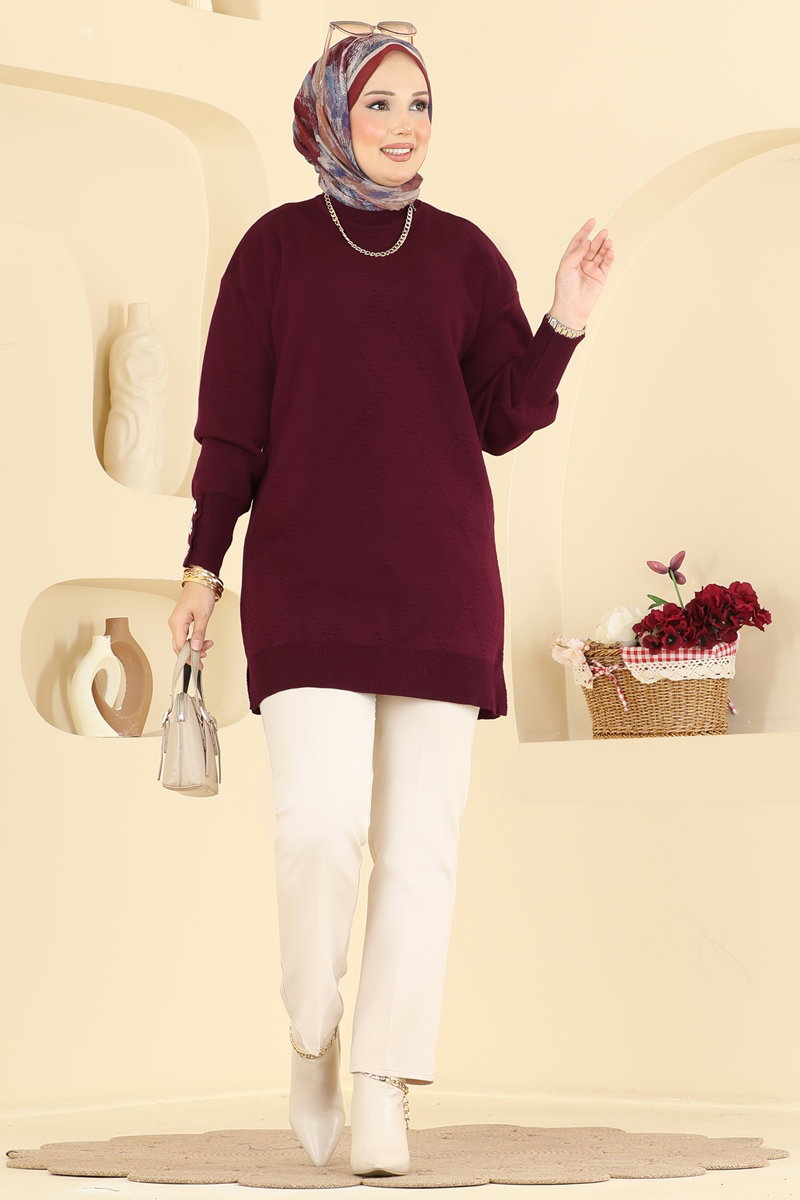 Knit Tunic with Button Cuffs - Burgundy