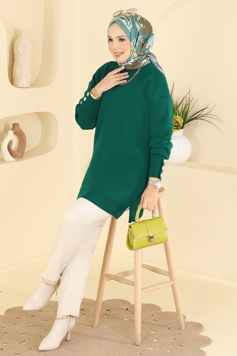 Knit Tunic with Button Cuffs - Teal