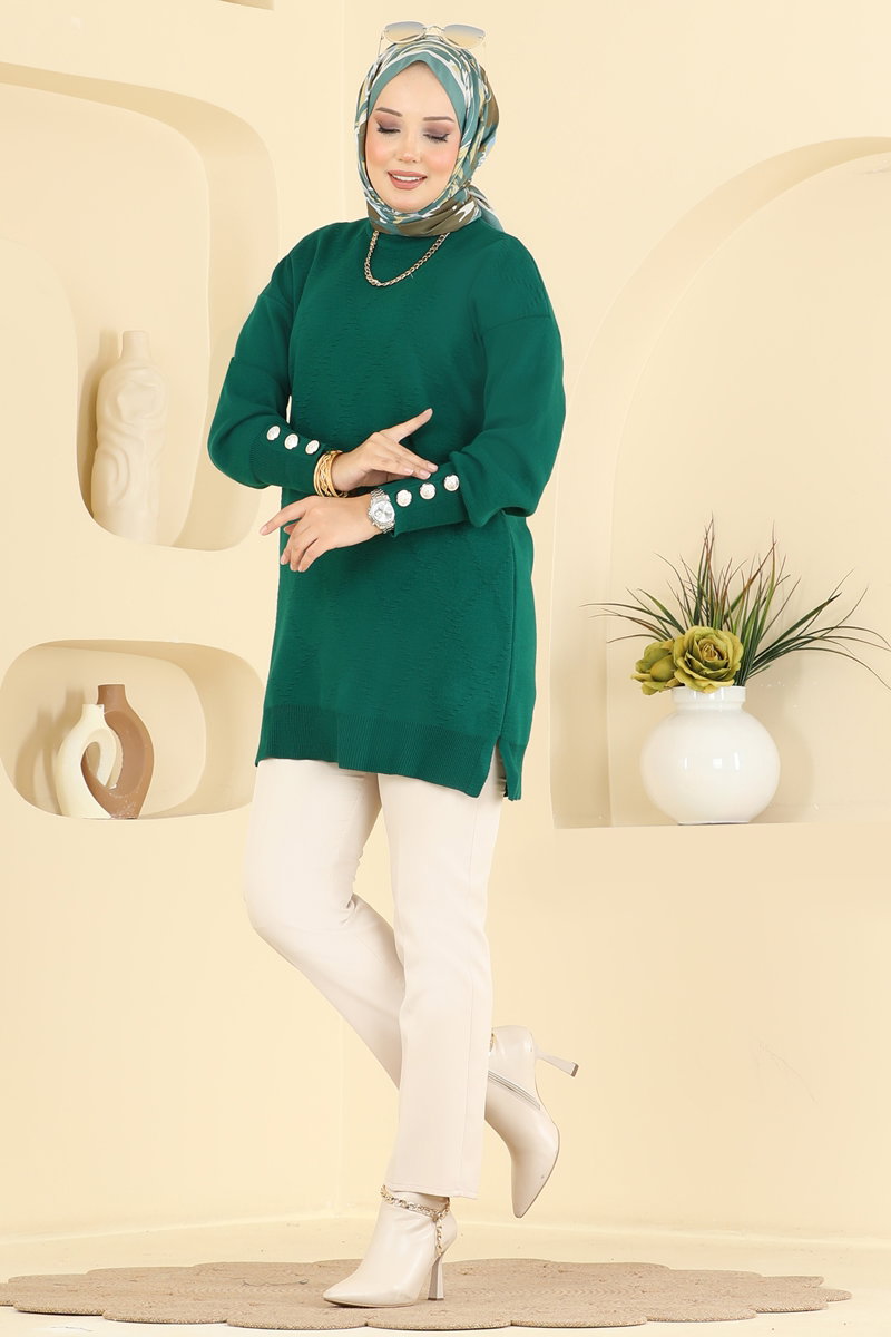 Knit Tunic with Button Cuffs - Teal