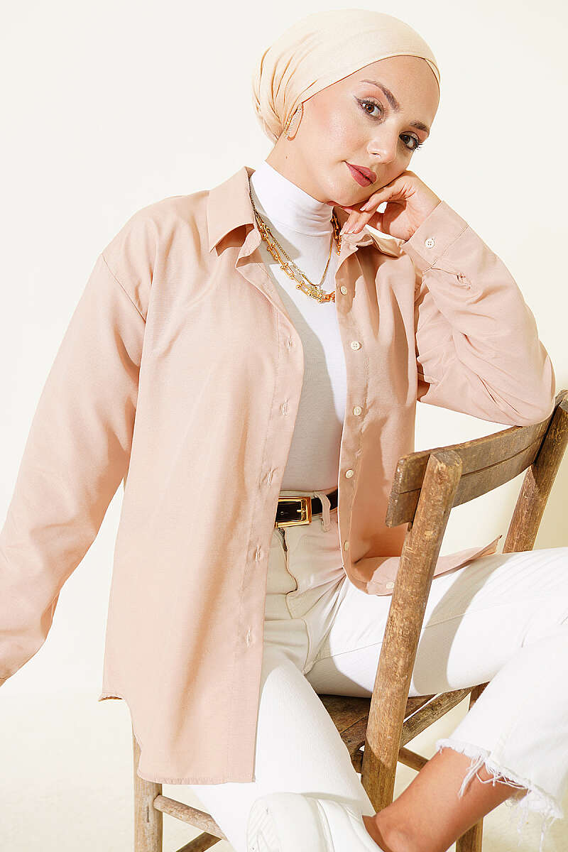 Basic Shirt with Buttoned Cuffs - Beige