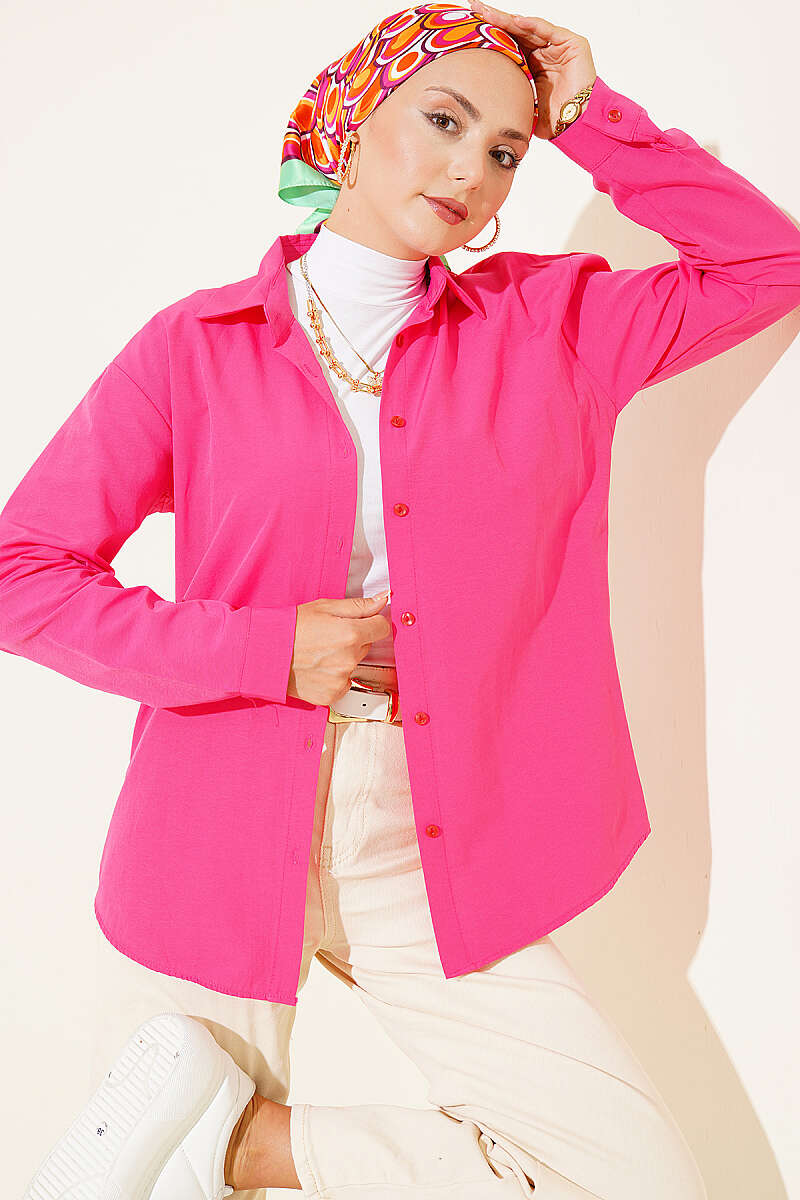 Basic Shirt with Buttoned Cuffs - Fuchsia