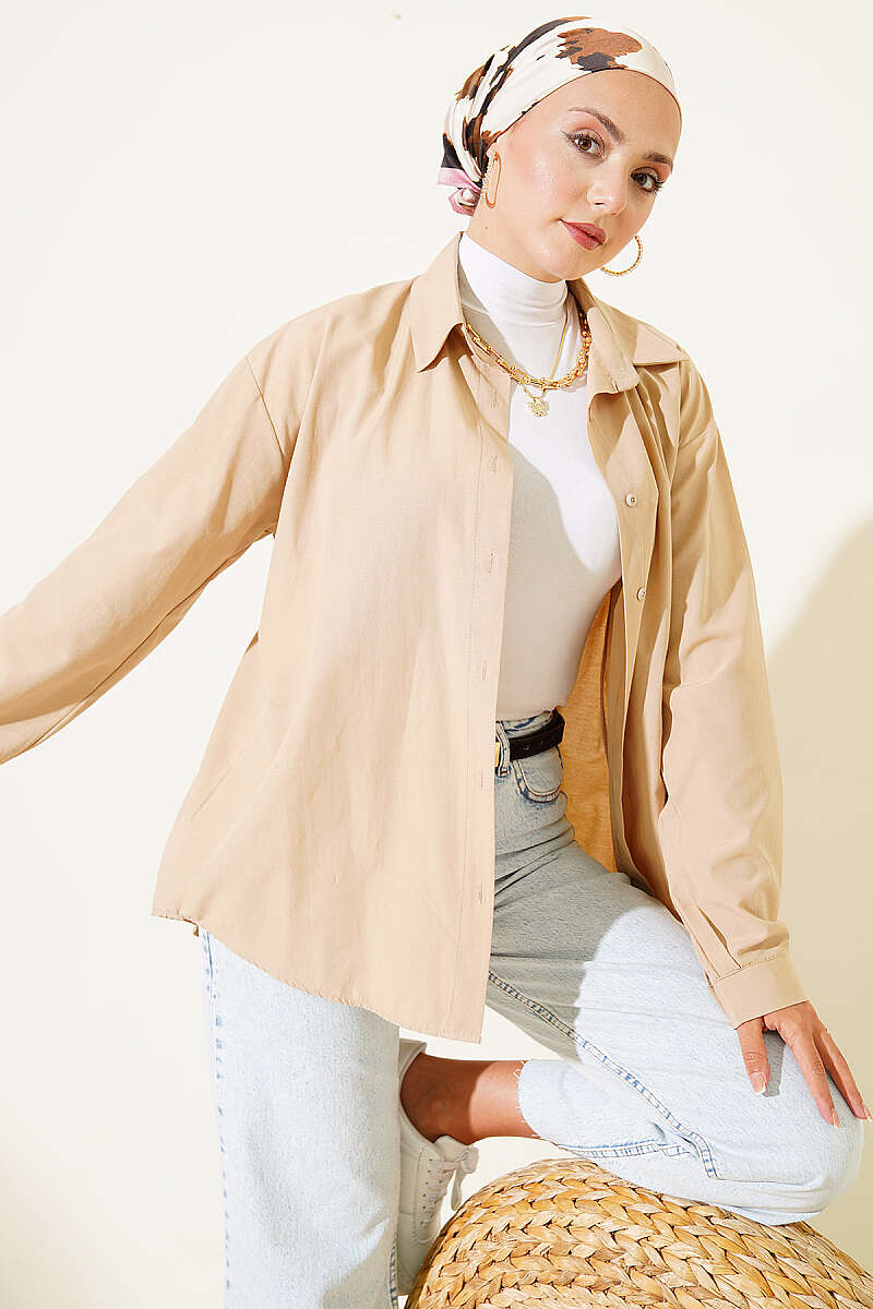 Basic Shirt with Buttoned Cuffs - Latte