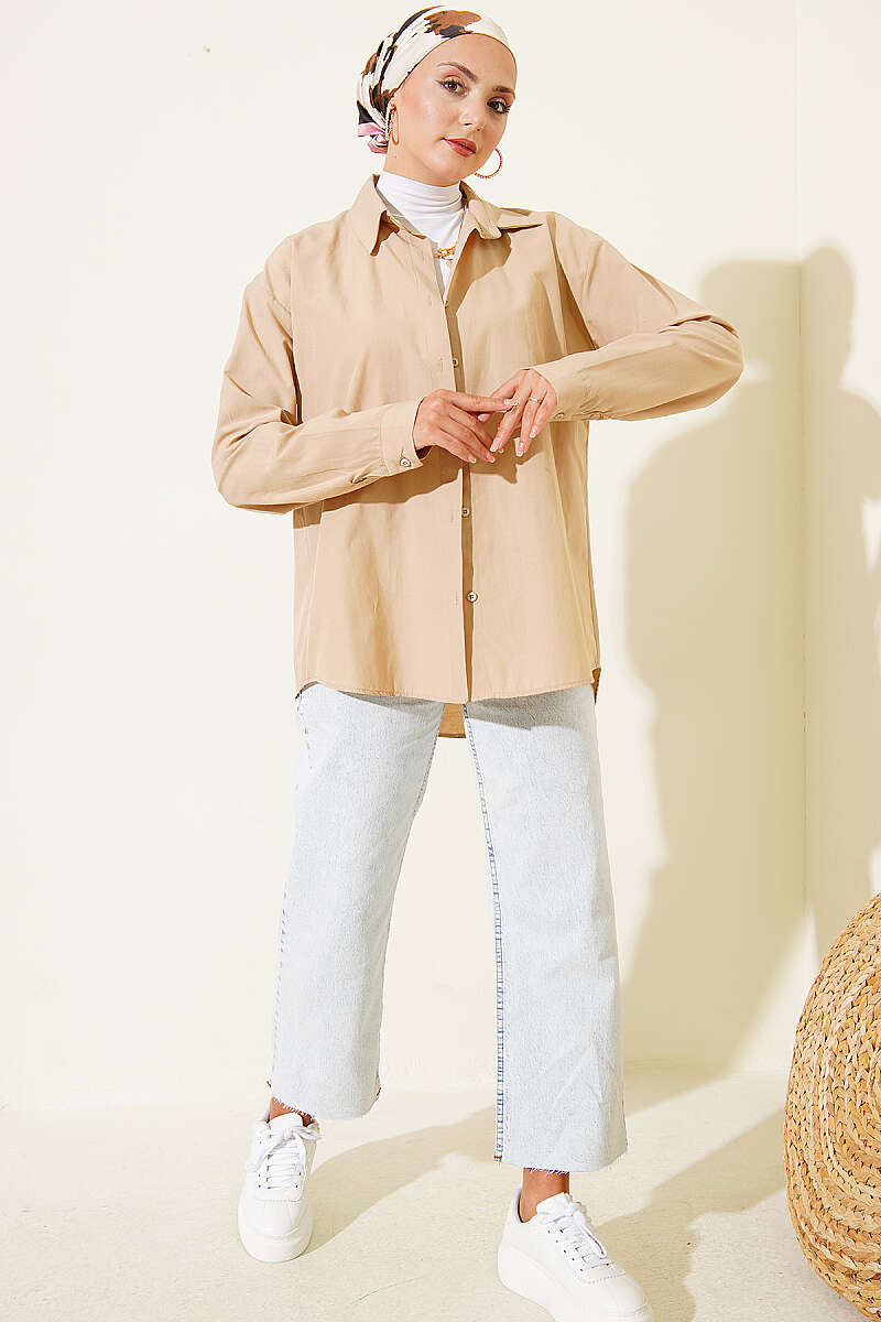 Basic Shirt with Buttoned Cuffs - Latte