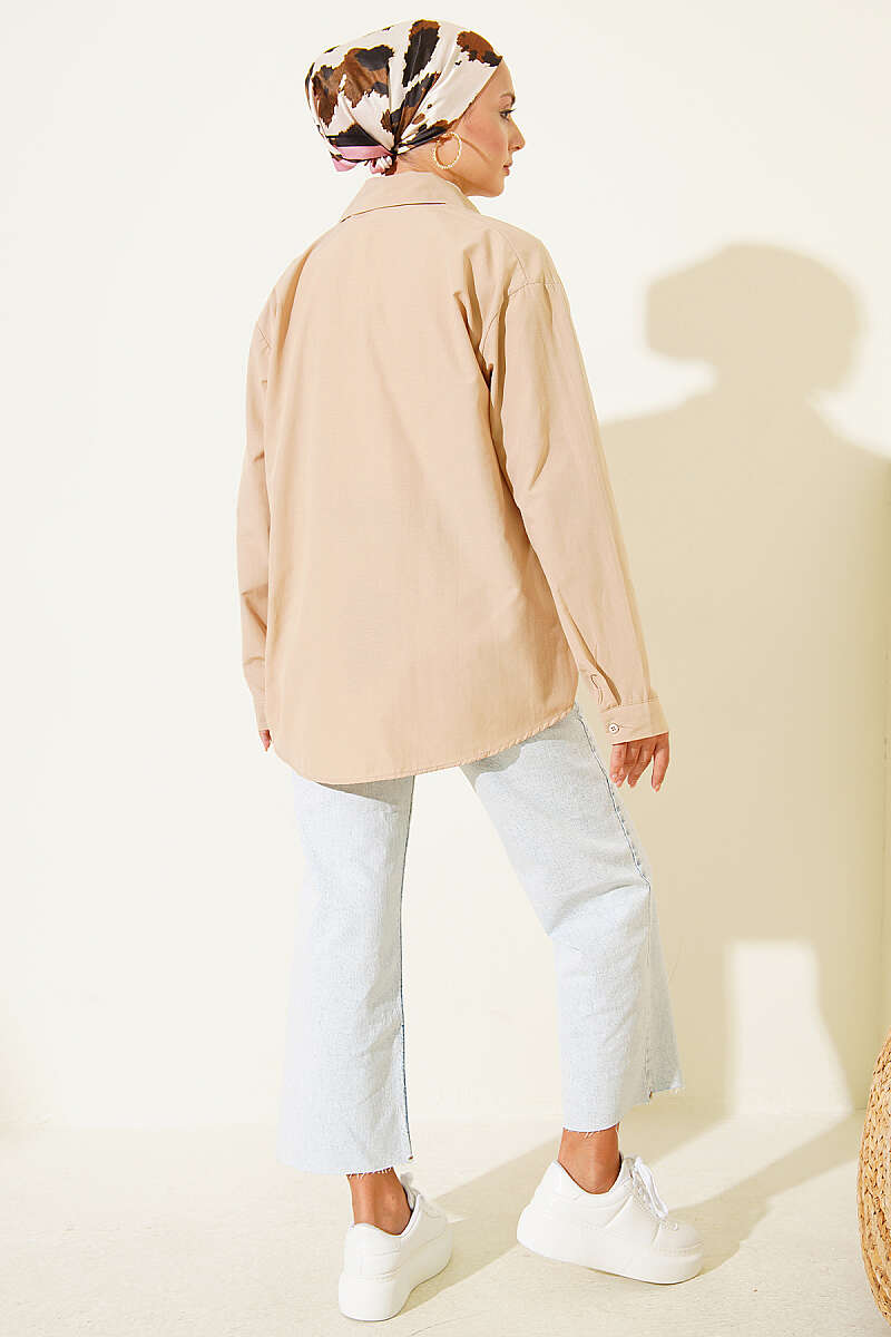 Basic Shirt with Buttoned Cuffs - Latte