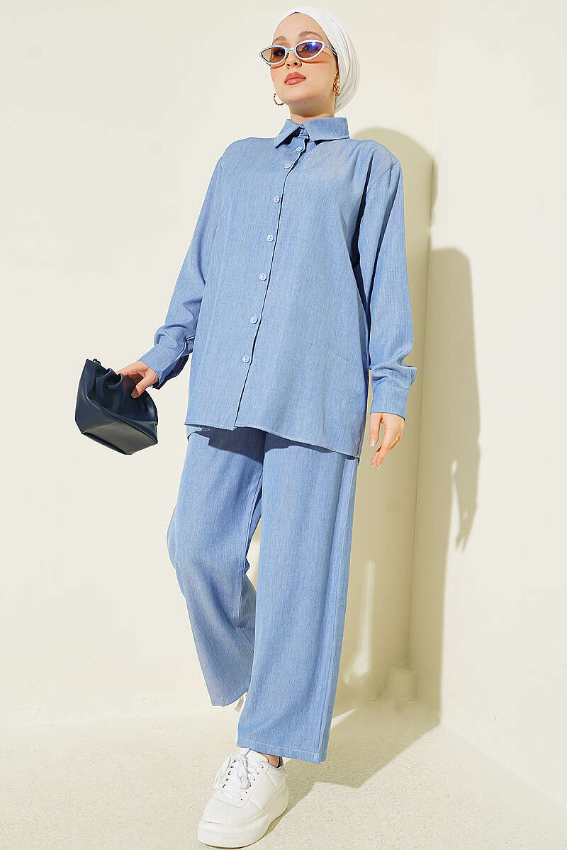 Basic Two-Piece Set with Buttoned Cuffs - Light Blue