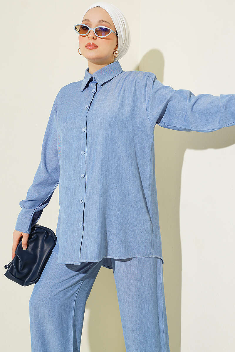 Basic Two-Piece Set with Buttoned Cuffs - Light Blue