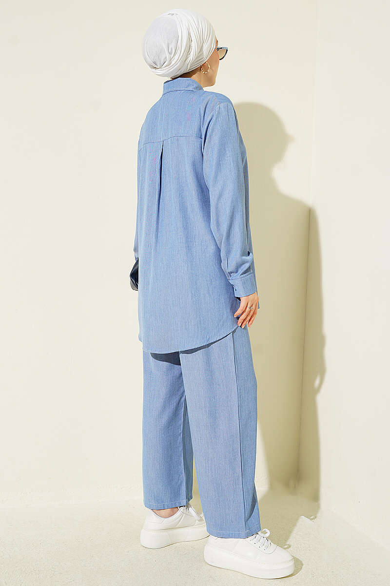 Basic Two-Piece Set with Buttoned Cuffs - Light Blue